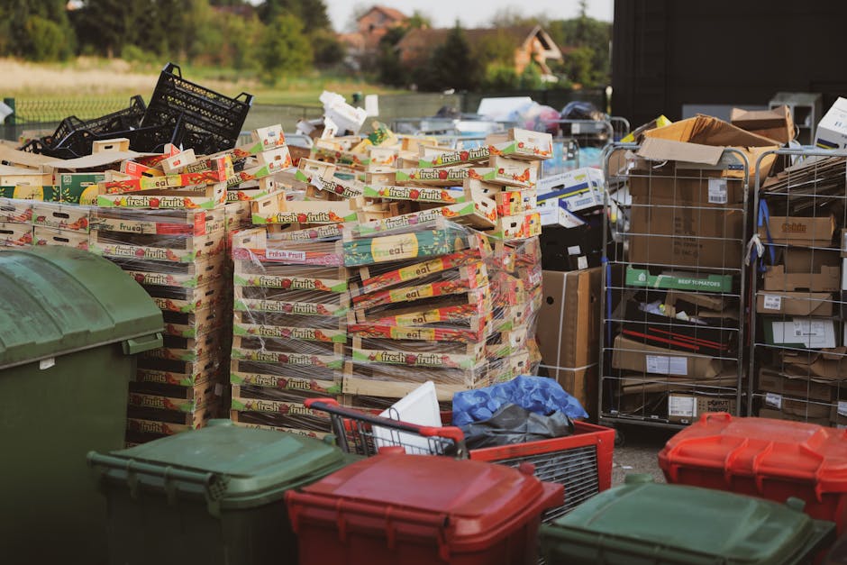 The image displays a large outdoor area filled with various types of waste and rubbish storage containers. In the foreground, there are multiple red and green plastic wheelie bins with closed lids, positioned on a paved surface. Behind these bins, a stack of flattened cardboard boxes labeled with fruit product branding is piled high, showing their corrugated texture and colorful designs. To the right of the cardboard stacks, there are metal wire cages containing boxes, paper, and other mixed packaging materials, with some boxes appearing to be partially open or damaged. In the background, additional waste containers and packaging are visible, along with a glimpse of a residential setting with rooftops and greenery, suggesting a suburban environment. The scene is well-lit by natural daylight, emphasizing the textures of the cardboard, plastic, and metal waste materials, with a neutral and professional tone reflecting independent waste handling or rubbish removal activities that may support alternative collection methods outside of standard council services. Rubbish Removal Marylebone's presence is subtly implied through the context of waste management and disposal within this setting.